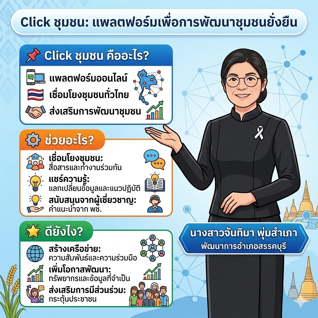 สำนักงานพัฒนาชุมชนอำเภอสรรคบุรี จังหวัดชัยนาท ขอเชิญชวนทุกท่านเข้าร่วมเป็นส่วนหนึ่งในการพัฒนาชุมชนผ่านแพลตฟอร์ม Click ชุมชน ซึ่งเป็นพื้นที่ออนไลน์ที่ช่วยเชื่อมโยงและส่งเสริมการแลกเปลี่ยนข้อมูลระหว่างชุมชนทั่วประเทศ